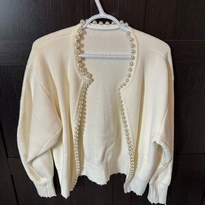 Elegant Cream Pearl-Trimmed Women's Sweater